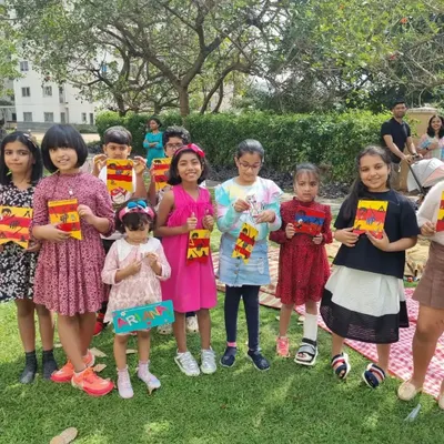 An outdoor birthday party! The kids had a blast making Harry Potter themed banner flags in the park.