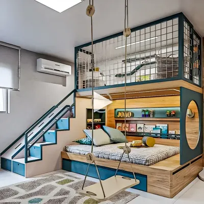 This is one of my favorite kids' room projects. It features a custom-built loft bed with a safe play area on top, a cozy bed nook below, and an indoor swing for endless fun.