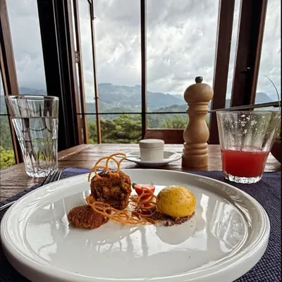 The food, the quiet, the care. This beautifully plated meal with a view of the Sri Lankan hills captures the intentional, gentle, and healing nature of our retreats at Santani Wellness.