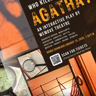 A murder, a room full of suspects, and you as the detective. This poster for our 10th houseful show at Ranga Shankara captures the essence of our most popular interactive play, "Who Killed Agatha?".