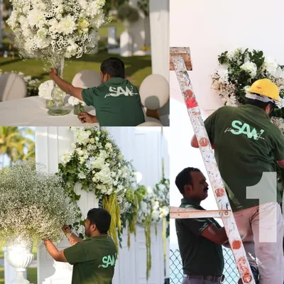 A collage celebrating a decade of our work, showing our dedicated team in action. From arranging centerpieces to climbing ladders for large-scale installations, their passion and hard work are the foundation of our artistry.