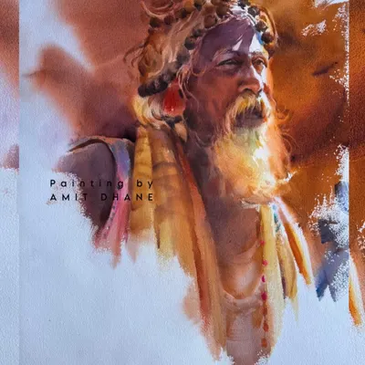 A watercolour portrait from my "Sadhu" series. The strong sunlight and deep shadows help to define the subject's features and convey a sense of spiritual intensity.