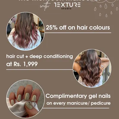 Our Monsoon Makeover offer is here. This graphic details our special weekend deals on hair color, cuts, and nails to help you glow through the rains.
