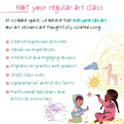 We are not your regular art class. This graphic explains what makes our sessions unique, from our emphasis on process over product to our small class sizes and professional educators. We also offer trial classes for you to experience it firsthand.