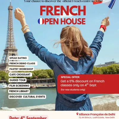 Your chance to discover the official French centre in Delhi. Our French Open House includes demo classes, a pastry workshop, film screenings, and a special discount for new students.