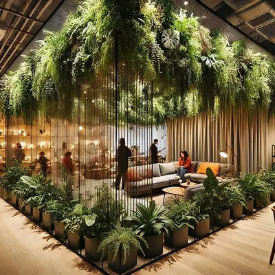 This large-scale office installation showcases my expertise in biophilic design. I created this hanging plant divider to bring the benefits of nature indoors, improving air quality and creating visual privacy without walls.