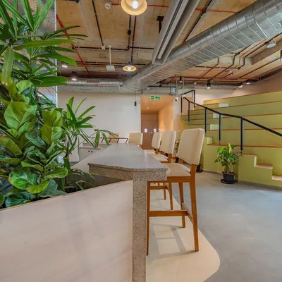 This multi-functional breakout space features tiered amphitheater-style seating for presentations and a high-top counter overlooking the area. Abundant plants and natural materials create a refreshing, campus-like feel.