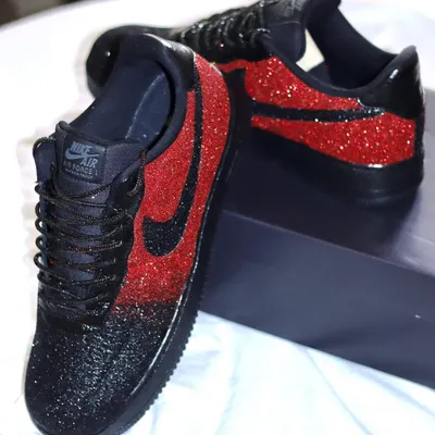 For when you want to be extra. These custom Nike Air Force 1s feature a black and red ombre glitter design that is guaranteed to turn heads. I even added rhinestone shoelaces for maximum sparkle.