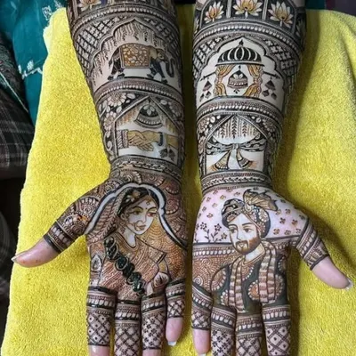 A perfect example of my custom portrait work, with the bride and groom's faces drawn on each palm. The surrounding design includes traditional elements like elephants and the wedding ceremony.