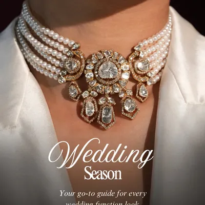 Your go-to guide for every wedding function look. This stunning polki and pearl choker sets the tone for a season of celebration.