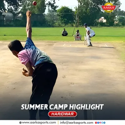 A young bowler in full flight during our Haridwar summer camp. We focus on developing clean, repeatable actions and teaching players how to think through their spell in a match.