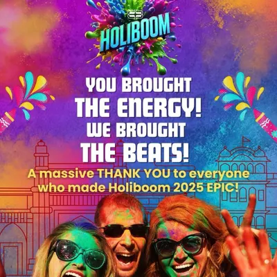 Thank you for making Holiboom 2025 epic! This image captures the pure joy and energy of our attendees, celebrating the success of our flagship Holi festival.