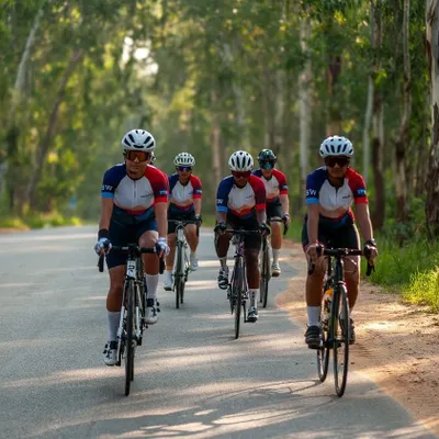 Rolling out in our new jerseys. A group of us riding in formation through a beautiful, tree-lined road near Nandi Hills, enjoying the perfect weather and great company.