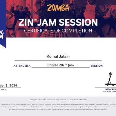 I am proud to be a certified ZIN Jammer. This means I am qualified to teach other instructors new choreography, ensuring my own classes are always fresh.