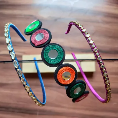 A look at some of my handmade hairbands. I have simple kundan-studded ones and more elaborate fabric and mirror work designs to suit any style.