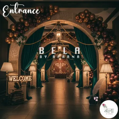 The entrance to the vintage library party, designed to feel like stepping into a grand, old-world study. The arched entryway is flanked by balloon garlands, vintage lamps, and stacks of books, with a neon 'Welcome' sign to greet guests.