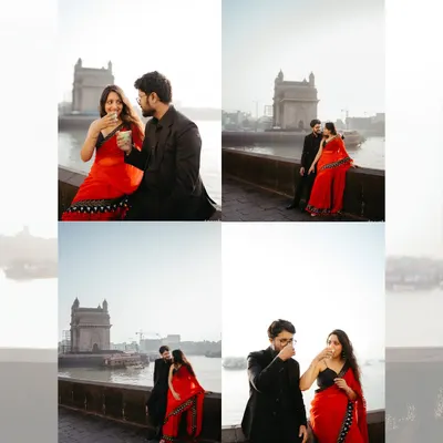 A collection of moments from a pre-wedding shoot at the Gateway of India. The couple shares a cup of chai and quiet glances, blending everyday romance with an iconic Mumbai landmark for a truly unique urban love story.