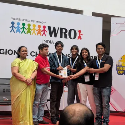 A proud moment as our junior team receives their bronze medal at the World Robot Olympiad (WRO) India regionals. This achievement qualified them for the national championship, a testament to their hard work and innovative spirit.