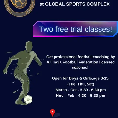 Join us at our Global Sports Complex center in Sector 75, Noida. We offer two free trial classes for boys and girls aged 8-15. Get professional coaching from AIFF licensed coaches.