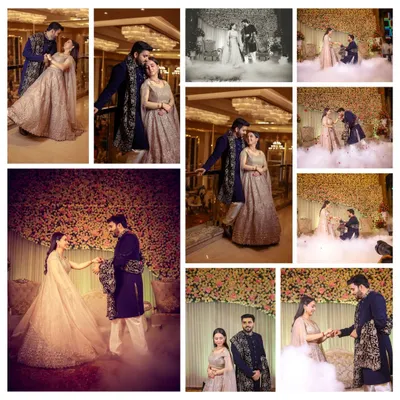 An example of a wedding album layout for an engagement, combining posed portraits, a dramatic proposal shot, and candid moments into a beautiful narrative.