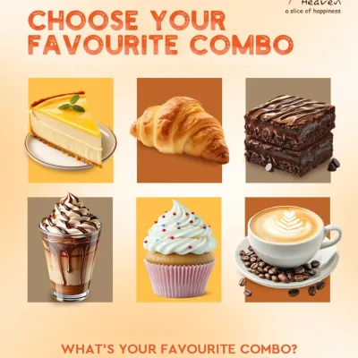 We have endless combination possibilities. This graphic showcases six of our popular items, including cheesecake, croissants, brownies, shakes, cupcakes, and coffee, and invites you to mix and match to find your favorite pairing.