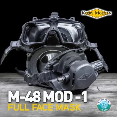 The Kirby Morgan M-48 MOD-1 is shown here with its removable pod system detached, showcasing its modularity. This feature allows divers to quickly adapt the mask for different breathing apparatuses or communication needs without tools, making it a versatile choice for professional teams.