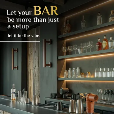 Your bar should be more than just a setup; it should be a whole vibe. This modern design uses a dark, matte finish, a raw stone base, and clean, backlit shelving to create a space that’s perfect for mixing cocktails and setting the mood.