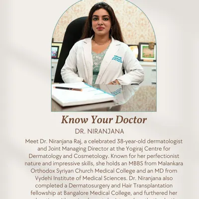 I believe in full transparency so you can get to know your doctor. I am Dr. Niranjana Raj, the Joint Managing Director, known for my perfectionist nature and impressive skills in dermatology and hair transplantation.