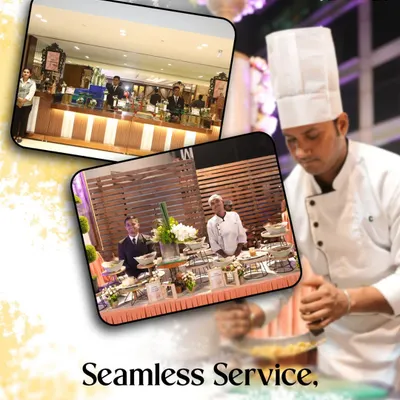 Seamless service, unmatched hospitality. This collage shows my team in action, from the chefs meticulously preparing food to the servers managing the buffet, all working together for a flawless event.