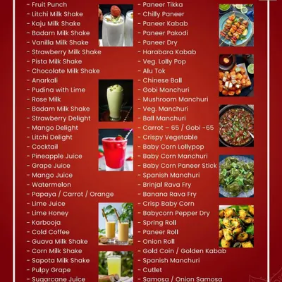 A sample of our Welcome Drinks and Starters menu. We offer a wide variety of choices, from refreshing fruit juices and milkshakes to an extensive list of vegetarian appetizers like Paneer Tikka, Gobi Manchuri, and various kebabs.