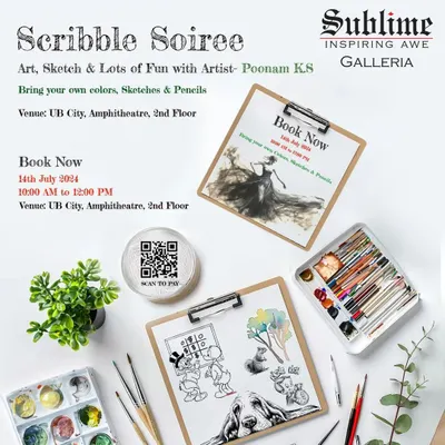 An overview of the materials for our "Scribble Soiree," a fun event focused on art and sketching. For some sessions, we encourage you to bring your own favorite pencils and colors to work with.