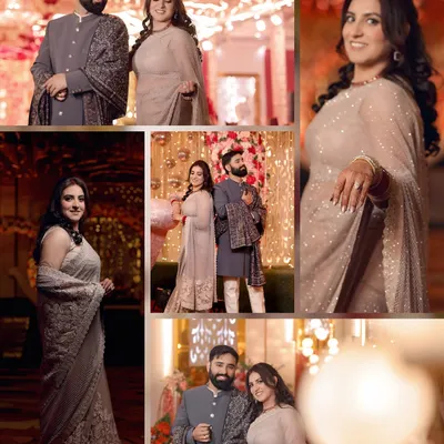 A collage from a reception, showing the couple with their elegantly dressed parents and other family members.