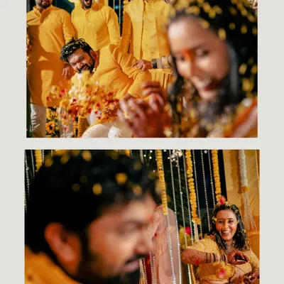 The pure joy and playful chaos of a haldi ceremony, as the couple and their friends are showered with flower petals.