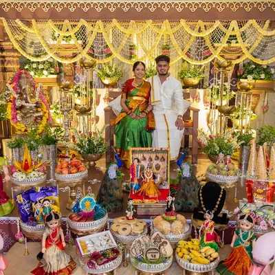 A grand and traditional Seemantham (baby shower) setup. We used intricate jasmine and marigold garlands, brass urlis, peacock figures, and a variety of offerings to create a truly authentic and blessed atmosphere.
