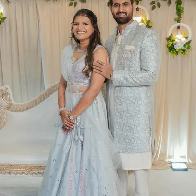 A beautiful couple on their engagement day. I created a soft glam look for the bride with a focus on glowing skin and subtle eye makeup to match her pastel blue lehenga.
