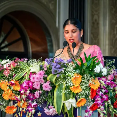 Addressing the audience from the podium at the State Bank of India event. My focus here is on delivering key messages with clarity and gravitas.
