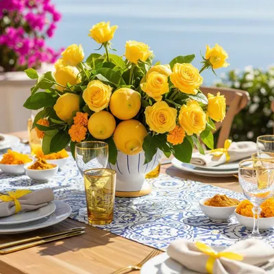 A perfect summer tablescape overlooking the water. The table features a blue and white tiled runner, a centerpiece of yellow roses and fresh lemons, and yellow glassware, perfectly capturing the Positano vibe.