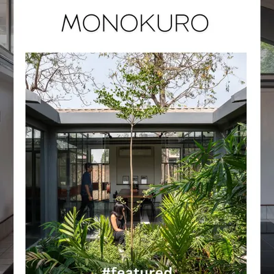 **Monokuro, Ahmedabad:** Our adaptive reuse project, 'Monokuro', was featured in multiple design magazines. We repurposed an industrial building, preserving its shell while inserting a modern workspace centered around a green courtyard.