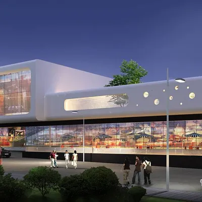 A night-time render of the Renukoot Mall, designed for Hindalco Industries. The futuristic facade combines straight and rounded surfaces with circular punctures, creating a visually engaging landmark for the region.