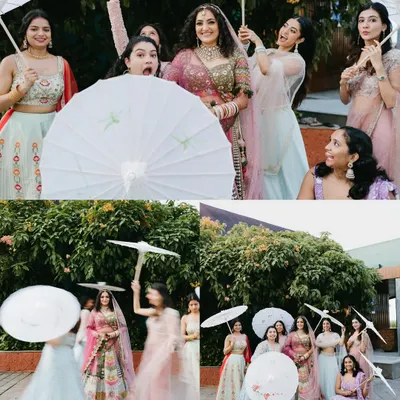 A collage of the bride having fun with her bridesmaids, posing playfully with white parasols in a garden.