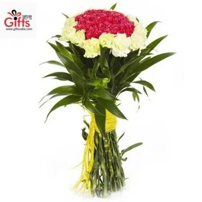 For moments that call for classic romance or celebration, I also arrange beautiful bouquets. This one features a stunning mix of red and white carnations, wrapped with fresh green leaves for a vibrant presentation.