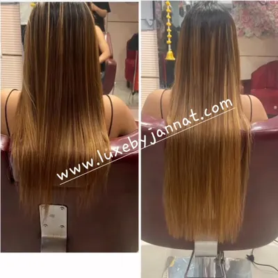 A beautiful before and after of my permanent hair extension service. We added both length and subtle highlights to create this gorgeous, sun-kissed look that blends perfectly with her natural hair.