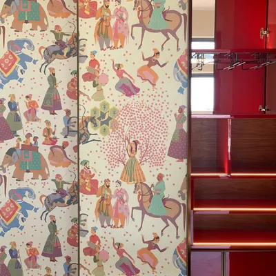 A detail from a custom bar unit we designed for an upcoming project. We chose this beautiful 'Draupadi ka Swayamvar' wallpaper to act as a narrative backdrop, turning the bar into a contemporary celebration of Indian stories.
