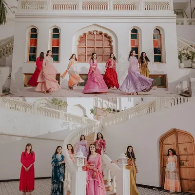 The bride and her tribe. This collage captures Anjali with her bridesmaids during her Mehendi, showcasing the beautiful architecture of the venue and the coordinated joy of the group.