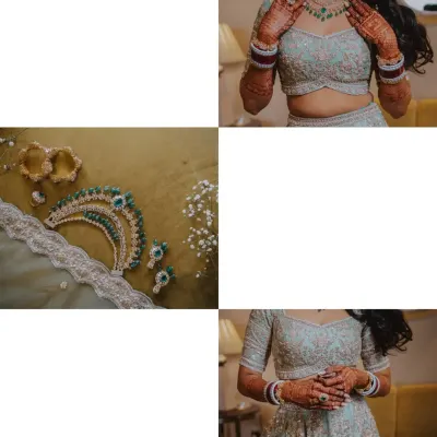 A collage dedicated to the beautiful details of the bride's ensemble. We capture the intricate jewelry, the delicate fabric, and the artistry that goes into creating the final bridal look.