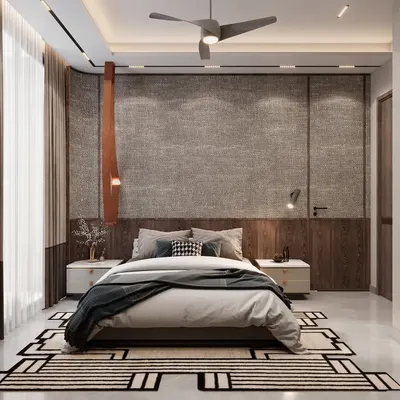 For the parents' room at the Amaryllis project, we used a monochromatic theme with fabric wallpaper and dark wood paneling to create a classy and serene atmosphere. The design is focused on clean lines and a calm color palette, resulting in a peaceful and sophisticated retreat.