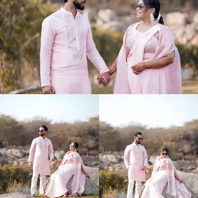 A collage of a couple's outdoor Haldi shoot, their coordinated pink outfits standing out against the natural, rocky landscape.