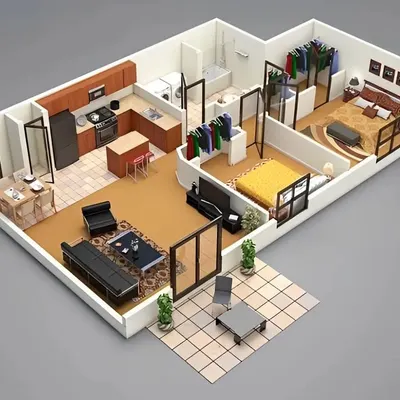 A 3D floor plan for a compact 2BHK apartment. This layout demonstrates an open-plan living and kitchen area, two efficiently designed bedrooms with wardrobe space, and an attached patio, showing how every square foot is utilized.