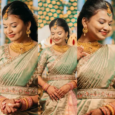 A collage of a bride's portraits from her engagement, capturing her happy and serene expressions.