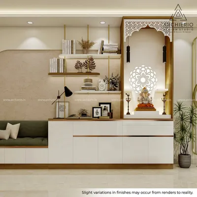A modern and elegant pooja unit integrated with a low-height storage console and open shelving, featuring a beautiful Ganesha idol and a CNC-cut backdrop.